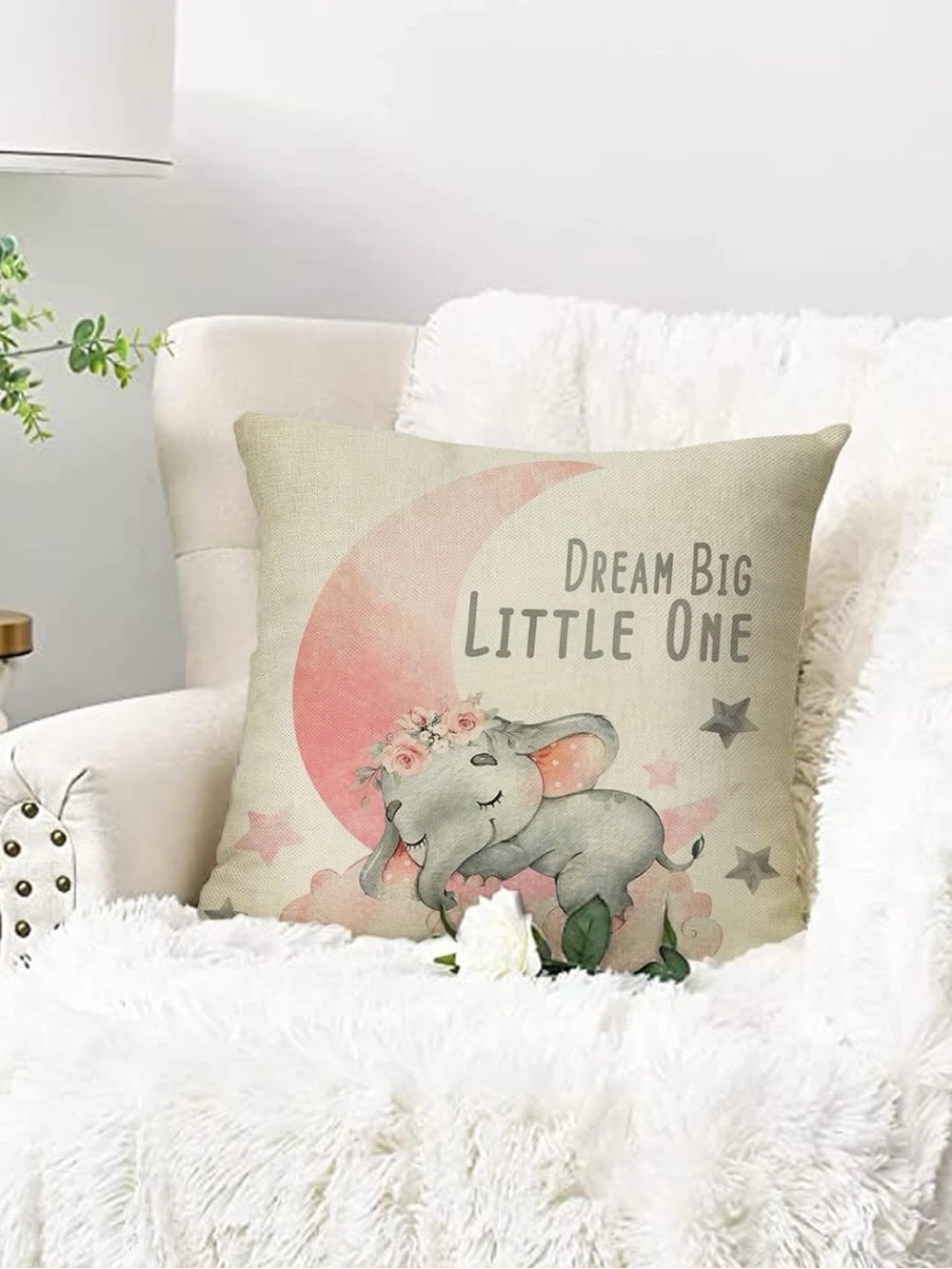 Dream Big Little One Elephant Decorative Throw Pillow Cover - Pink and Cream